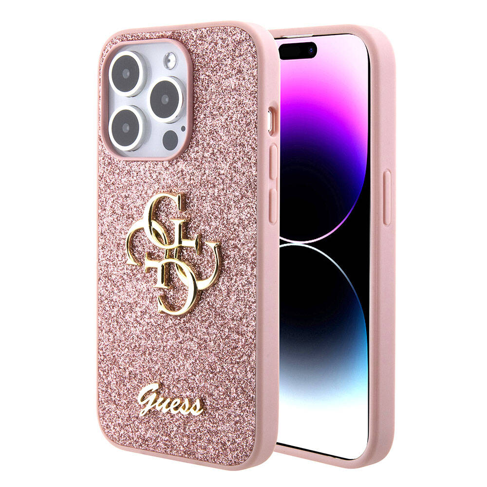 Apple iPhone 15 Pro Max Kılıf Guess Orjinal Lisanslı 4G Büyük Metal Logolu Glitter Kapak Gold