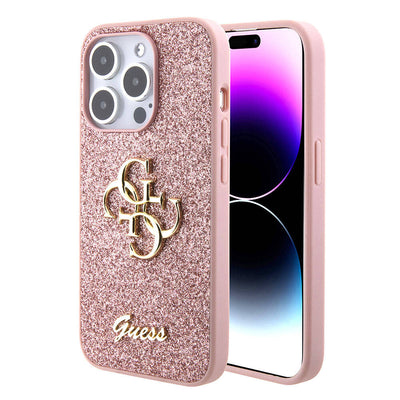 Apple iPhone 15 Pro Max Kılıf Guess Orjinal Lisanslı 4G Büyük Metal Logolu Glitter Kapak Gold