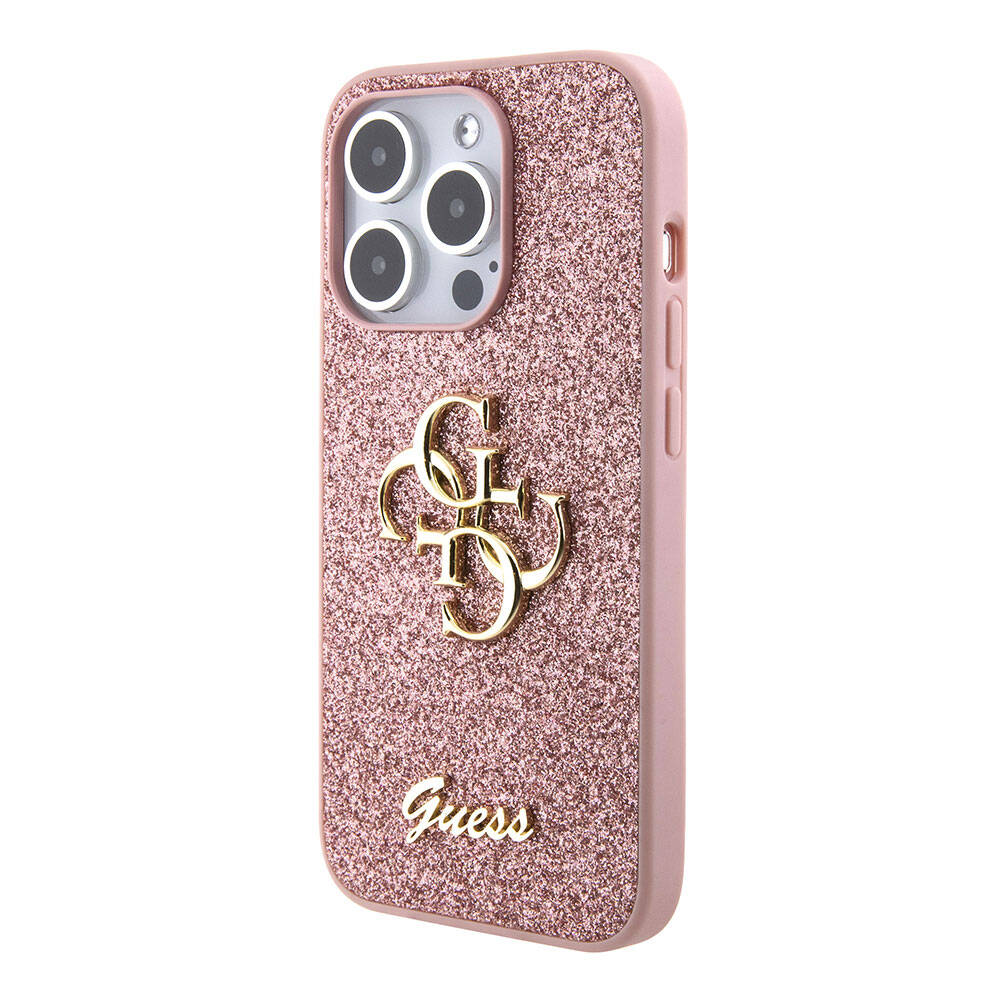 Apple iPhone 15 Pro Max Kılıf Guess Orjinal Lisanslı 4G Büyük Metal Logolu Glitter Kapak Pembe