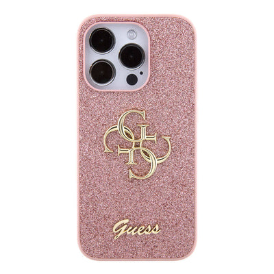 Apple iPhone 15 Pro Max Kılıf Guess Orjinal Lisanslı 4G Büyük Metal Logolu Glitter Kapak Pembe