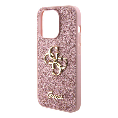 Apple iPhone 15 Pro Max Kılıf Guess Orjinal Lisanslı 4G Büyük Metal Logolu Glitter Kapak Gold