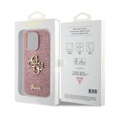 Apple iPhone 15 Pro Max Kılıf Guess Orjinal Lisanslı 4G Büyük Metal Logolu Glitter Kapak Pembe
