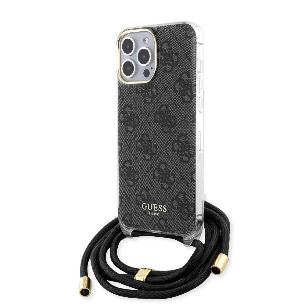 Apple iPhone 15 Pro Max Kılıf Guess Orjinal Lisanslı Çapraz Kordon 4G Desenli Kapak Siyah