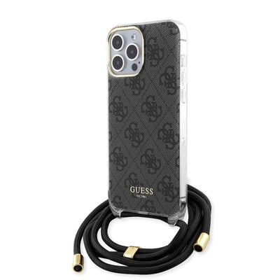 Apple iPhone 15 Pro Max Kılıf Guess Orjinal Lisanslı Çapraz Kordon 4G Desenli Kapak Kahverengi