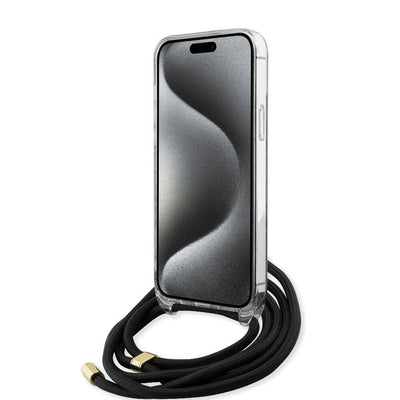 Apple iPhone 15 Pro Max Kılıf Guess Orjinal Lisanslı Çapraz Kordon 4G Desenli Kapak Siyah