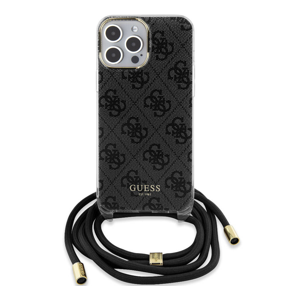 Apple iPhone 15 Pro Max Kılıf Guess Orjinal Lisanslı Çapraz Kordon 4G Desenli Kapak Siyah