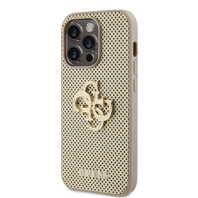 Apple iPhone 15 Pro Max Kılıf Guess Orjinal Lisanslı Delikli Yazı ve 4G Glitter Büyük Metal Logolu Kapak Gold