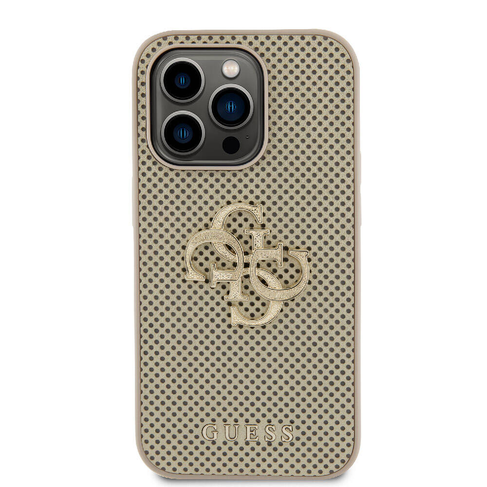 Apple iPhone 15 Pro Max Kılıf Guess Orjinal Lisanslı Delikli Yazı ve 4G Glitter Büyük Metal Logolu Kapak Gold