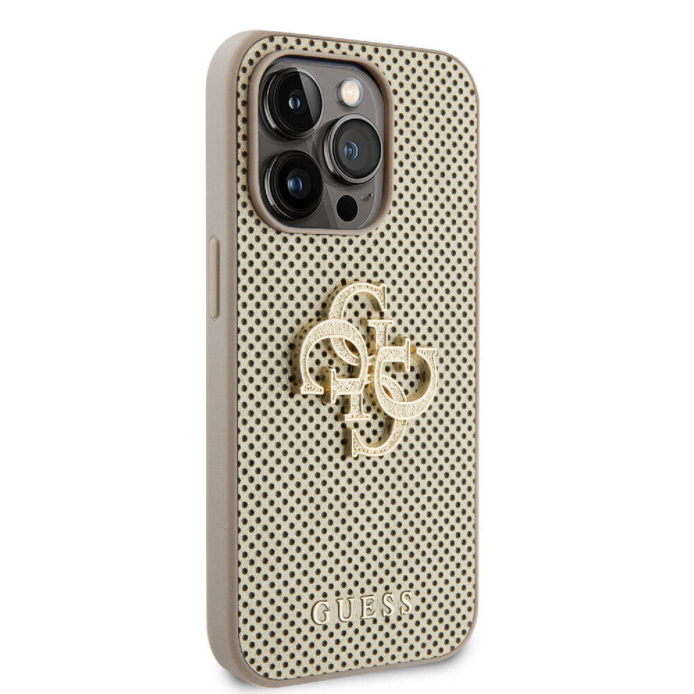 Apple iPhone 15 Pro Max Kılıf Guess Orjinal Lisanslı Delikli Yazı ve 4G Glitter Büyük Metal Logolu Kapak Gold