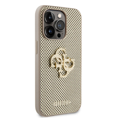 Apple iPhone 15 Pro Max Kılıf Guess Orjinal Lisanslı Delikli Yazı ve 4G Glitter Büyük Metal Logolu Kapak Gold