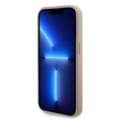 Apple iPhone 15 Pro Max Kılıf Guess Orjinal Lisanslı Delikli Yazı ve 4G Glitter Büyük Metal Logolu Kapak Gold