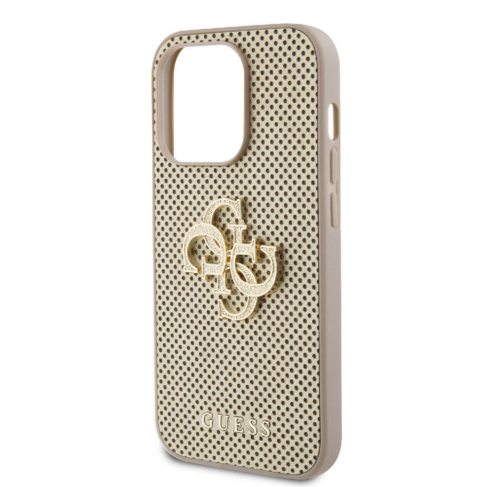 Apple iPhone 15 Pro Max Kılıf Guess Orjinal Lisanslı Delikli Yazı ve 4G Glitter Büyük Metal Logolu Kapak Gold