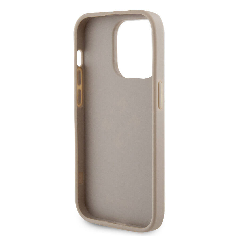 Apple iPhone 15 Pro Max Kılıf Guess Orjinal Lisanslı Delikli Yazı ve 4G Glitter Büyük Metal Logolu Kapak Gold