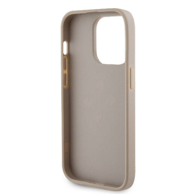 Apple iPhone 15 Pro Max Kılıf Guess Orjinal Lisanslı Delikli Yazı ve 4G Glitter Büyük Metal Logolu Kapak Gold