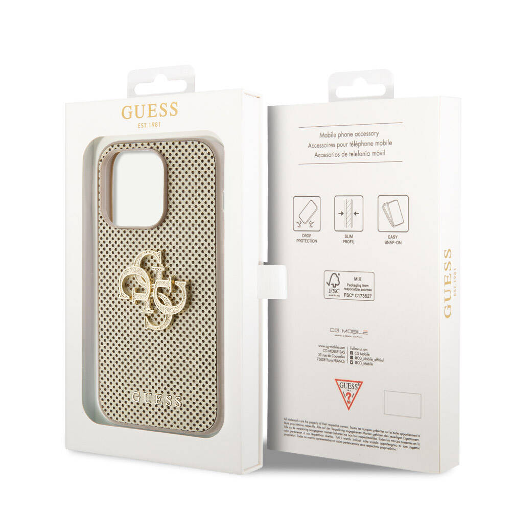 Apple iPhone 15 Pro Max Kılıf Guess Orjinal Lisanslı Delikli Yazı ve 4G Glitter Büyük Metal Logolu Kapak Gold
