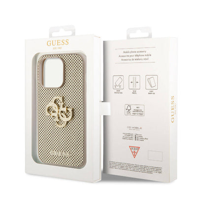 Apple iPhone 15 Pro Max Kılıf Guess Orjinal Lisanslı Delikli Yazı ve 4G Glitter Büyük Metal Logolu Kapak Gold