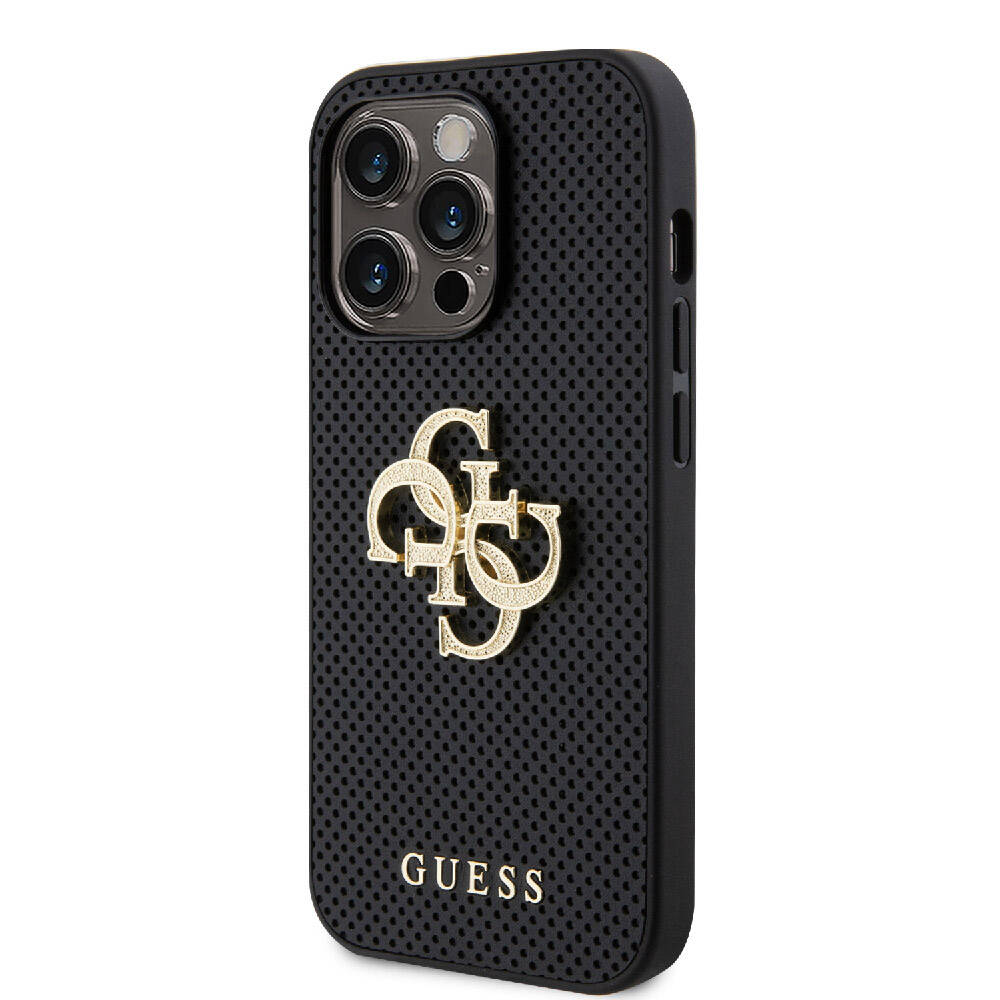 Apple iPhone 15 Pro Max Kılıf Guess Orjinal Lisanslı Delikli Yazı ve 4G Glitter Büyük Metal Logolu Kapak Gold