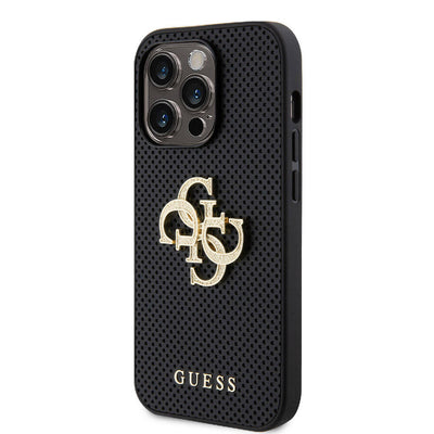 Apple iPhone 15 Pro Max Kılıf Guess Orjinal Lisanslı Delikli Yazı ve 4G Glitter Büyük Metal Logolu Kapak Gold