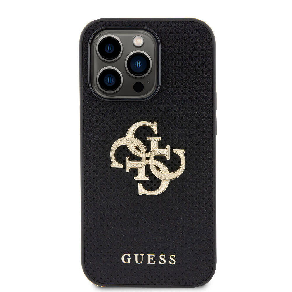 Apple iPhone 15 Pro Max Kılıf Guess Orjinal Lisanslı Delikli Yazı ve 4G Glitter Büyük Metal Logolu Kapak Gold