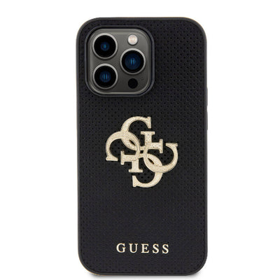 Apple iPhone 15 Pro Max Kılıf Guess Orjinal Lisanslı Delikli Yazı ve 4G Glitter Büyük Metal Logolu Kapak Gold