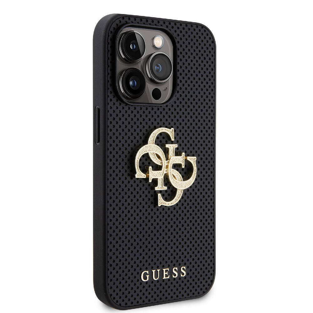 Apple iPhone 15 Pro Max Kılıf Guess Orjinal Lisanslı Delikli Yazı ve 4G Glitter Büyük Metal Logolu Kapak Gold
