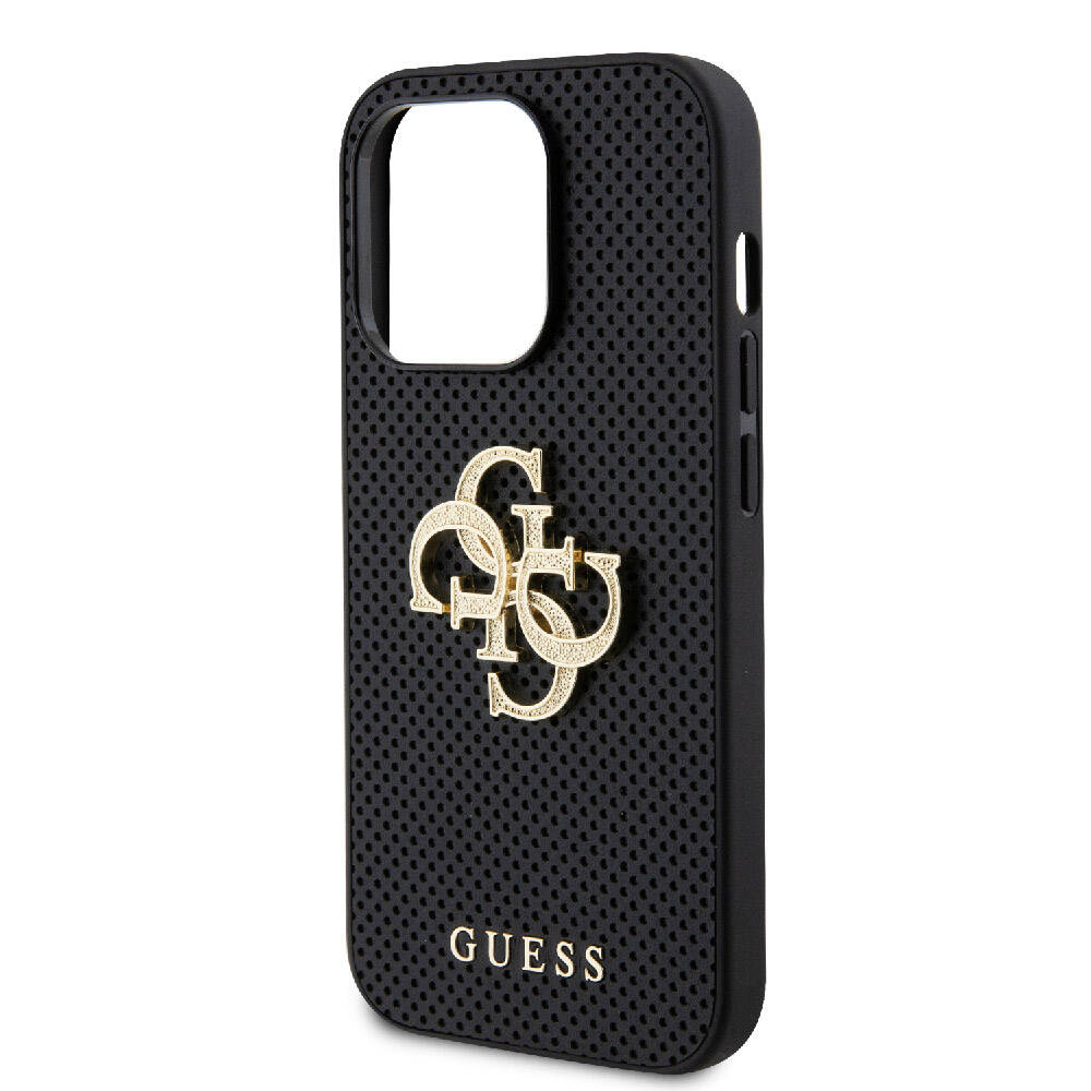 Apple iPhone 15 Pro Max Kılıf Guess Orjinal Lisanslı Delikli Yazı ve 4G Glitter Büyük Metal Logolu Kapak Gold