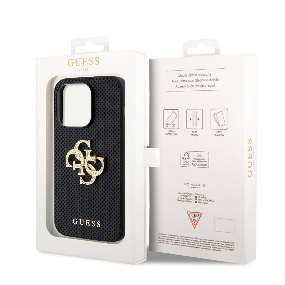 iPhone 15 Pro Max Kılıf Guess Orjinal Lisanslı Delikli Yazı ve 4G Glitter Büyük Metal Logolu Kılıf