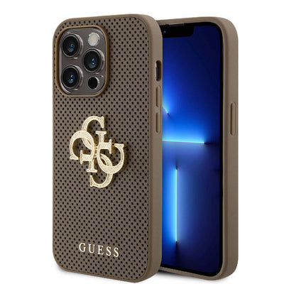 Apple iPhone 15 Pro Max Kılıf Guess Orjinal Lisanslı Delikli Yazı ve 4G Glitter Büyük Metal Logolu Kapak Gold