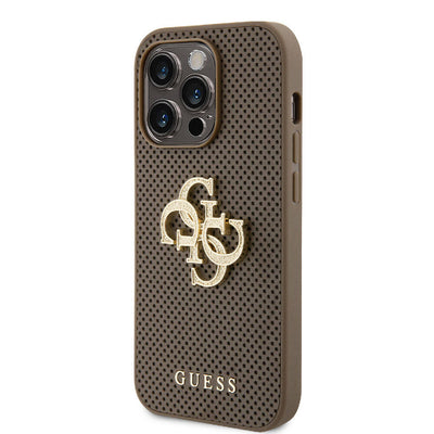 Apple iPhone 15 Pro Max Kılıf Guess Orjinal Lisanslı Delikli Yazı ve 4G Glitter Büyük Metal Logolu Kapak Gold