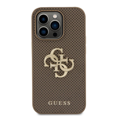Apple iPhone 15 Pro Max Kılıf Guess Orjinal Lisanslı Delikli Yazı ve 4G Glitter Büyük Metal Logolu Kapak Gold