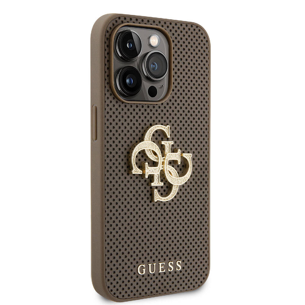 Apple iPhone 15 Pro Max Kılıf Guess Orjinal Lisanslı Delikli Yazı ve 4G Glitter Büyük Metal Logolu Kapak Gold