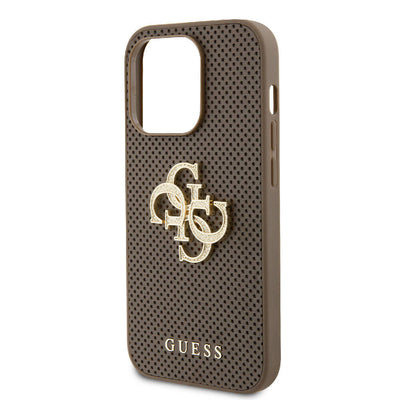 Apple iPhone 15 Pro Max Kılıf Guess Orjinal Lisanslı Delikli Yazı ve 4G Glitter Büyük Metal Logolu Kapak Gold