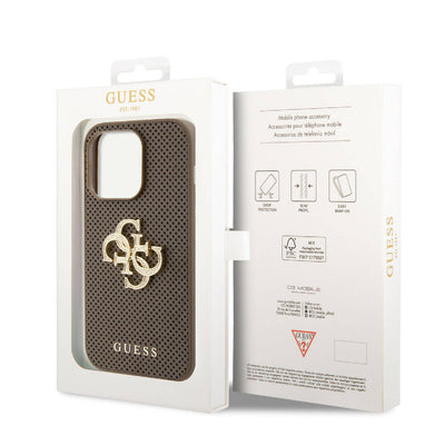 Apple iPhone 15 Pro Max Kılıf Guess Orjinal Lisanslı Delikli Yazı ve 4G Glitter Büyük Metal Logolu Kapak Gold