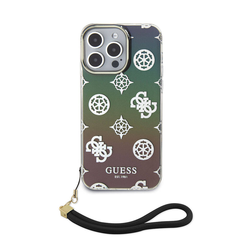 iPhone 15 Pro Max Kılıf Guess Orjinal Lisanslı Desenli Yazı Logolu Askı İpli Holografik Glitter Peony Kılıf