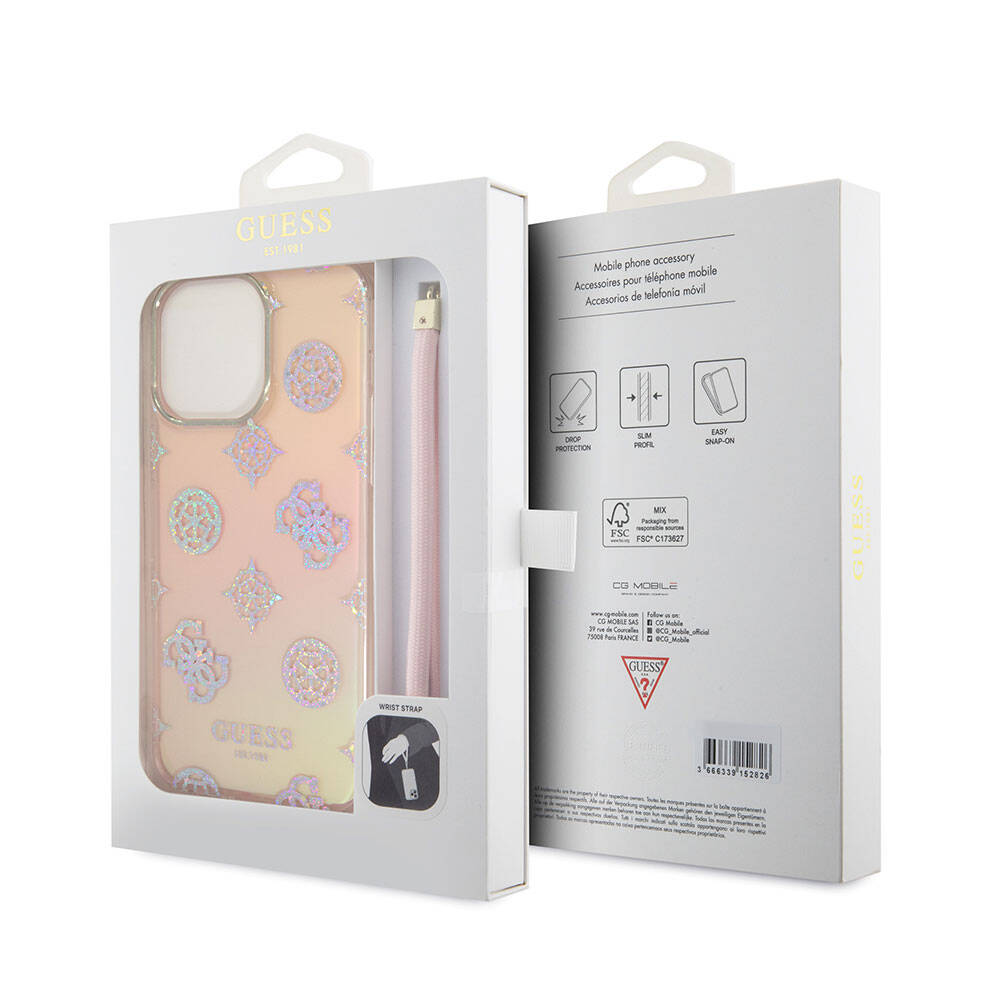 iPhone 15 Pro Max Kılıf Guess Orjinal Lisanslı Desenli Yazı Logolu Askı İpli Holografik Glitter Peony Kılıf