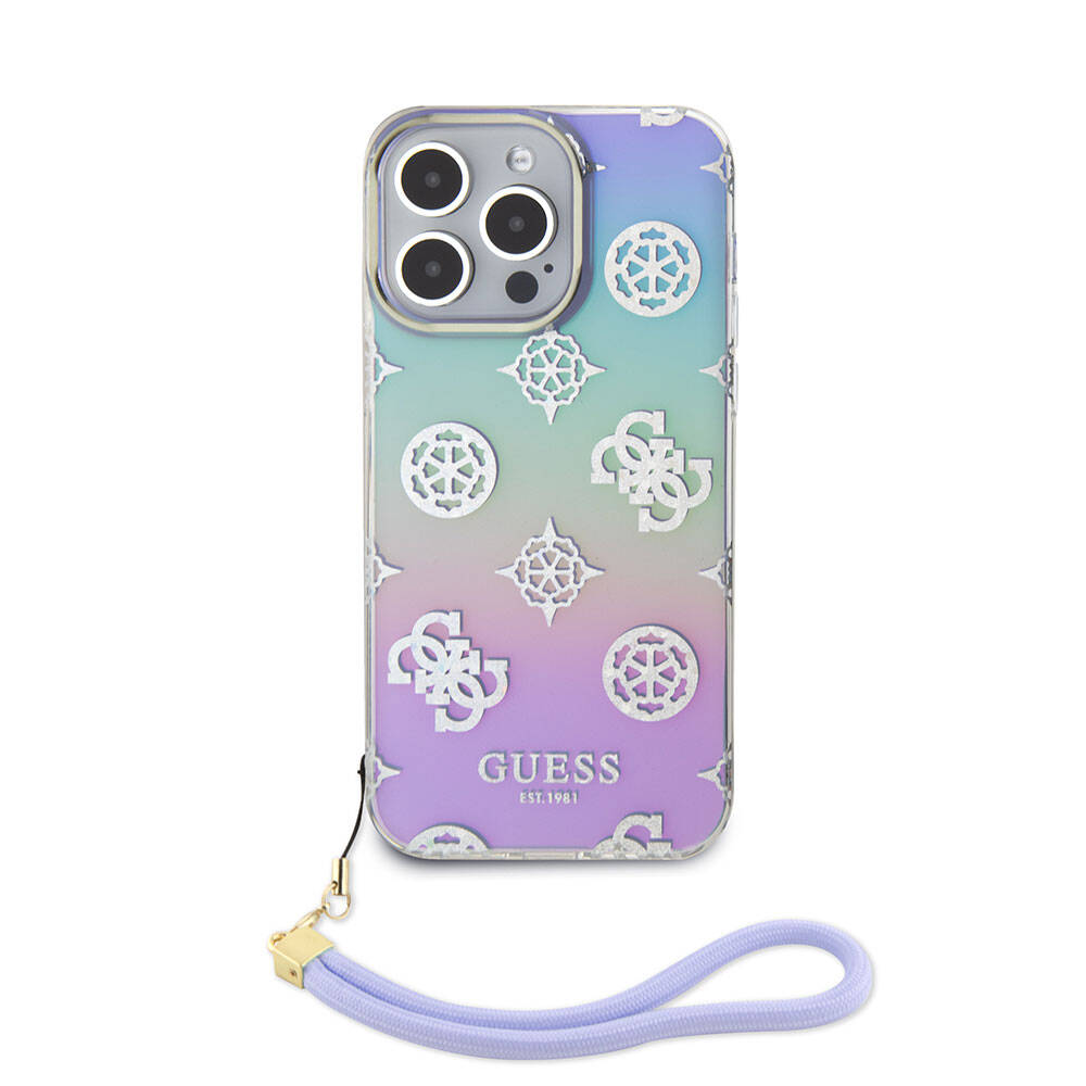 iPhone 15 Pro Max Kılıf Guess Orjinal Lisanslı Desenli Yazı Logolu Askı İpli Holografik Glitter Peony Kılıf