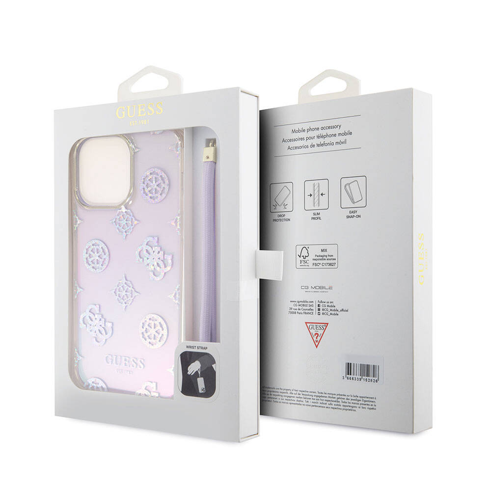 iPhone 15 Pro Max Kılıf Guess Orjinal Lisanslı Desenli Yazı Logolu Askı İpli Holografik Glitter Peony Kılıf