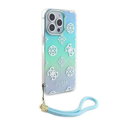 iPhone 15 Pro Max Kılıf Guess Orjinal Lisanslı Desenli Yazı Logolu Askı İpli Holografik Glitter Peony Kılıf
