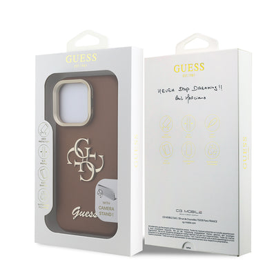 Apple iPhone 15 Pro Max Kılıf Guess Orjinal Lisanslı Grained Yazı Logolu Kamera Standlı Kapak Kahverengi