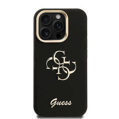 Apple iPhone 15 Pro Max Kılıf Guess Orjinal Lisanslı Grained Yazı Logolu Kamera Standlı Kapak Siyah