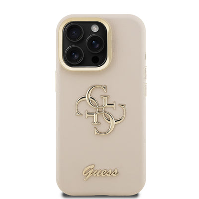 Apple iPhone 15 Pro Max Kılıf Guess Orjinal Lisanslı Grained Yazı Logolu Kamera Standlı Kapak Bej
