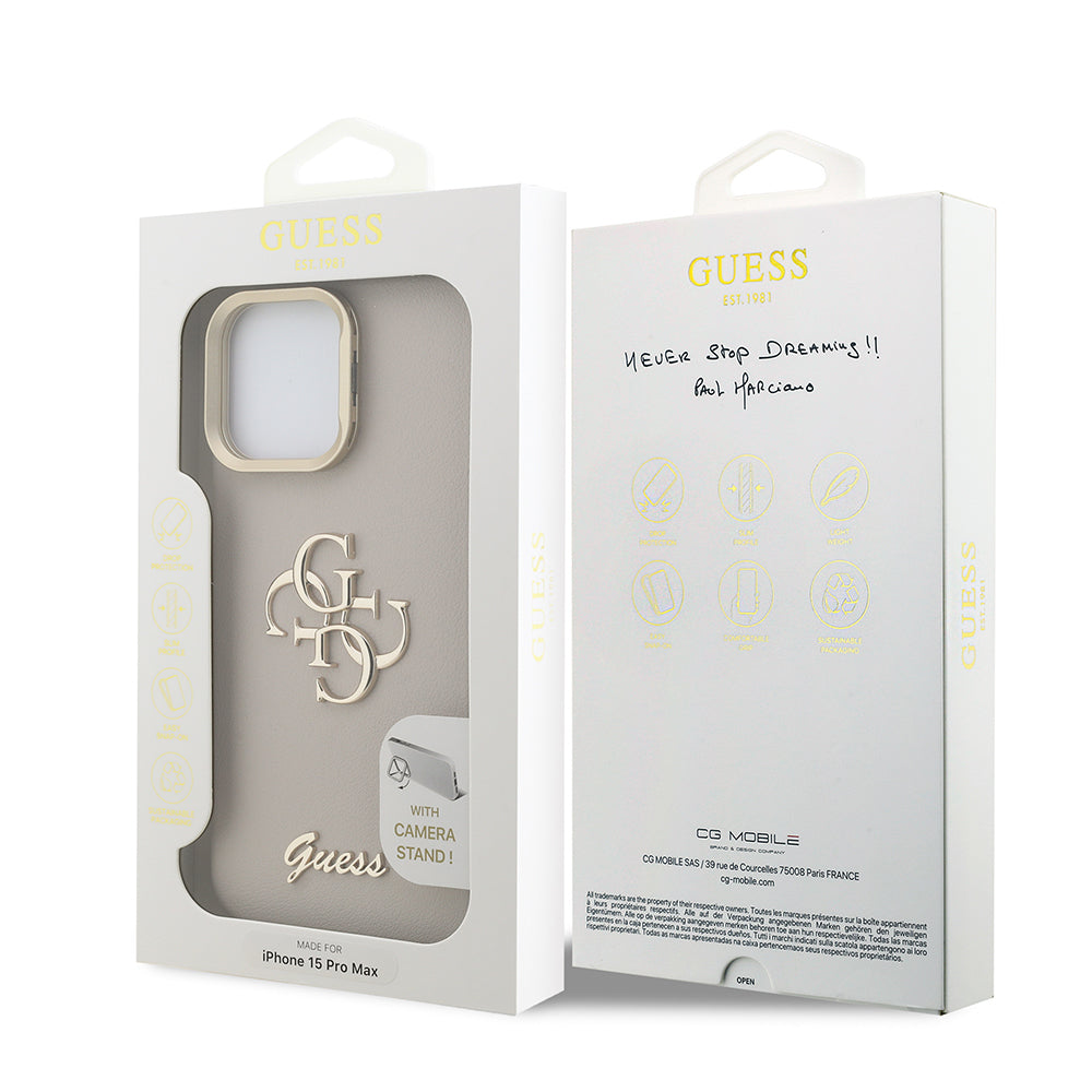 iPhone 15 Pro Max Kılıf Guess Orjinal Lisanslı Grained Yazı Logolu Kamera Standlı Kılıf