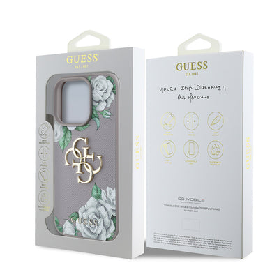 Apple iPhone 15 Pro Max Kılıf Guess Orjinal Lisanslı Gül Baskılı Büyük Metal Logo Dizaynlı Kapak Mor