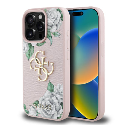 iPhone 15 Pro Max Kılıf Guess Orjinal Lisanslı Gül Baskılı Büyük Metal Logo Dizaynlı Kılıf