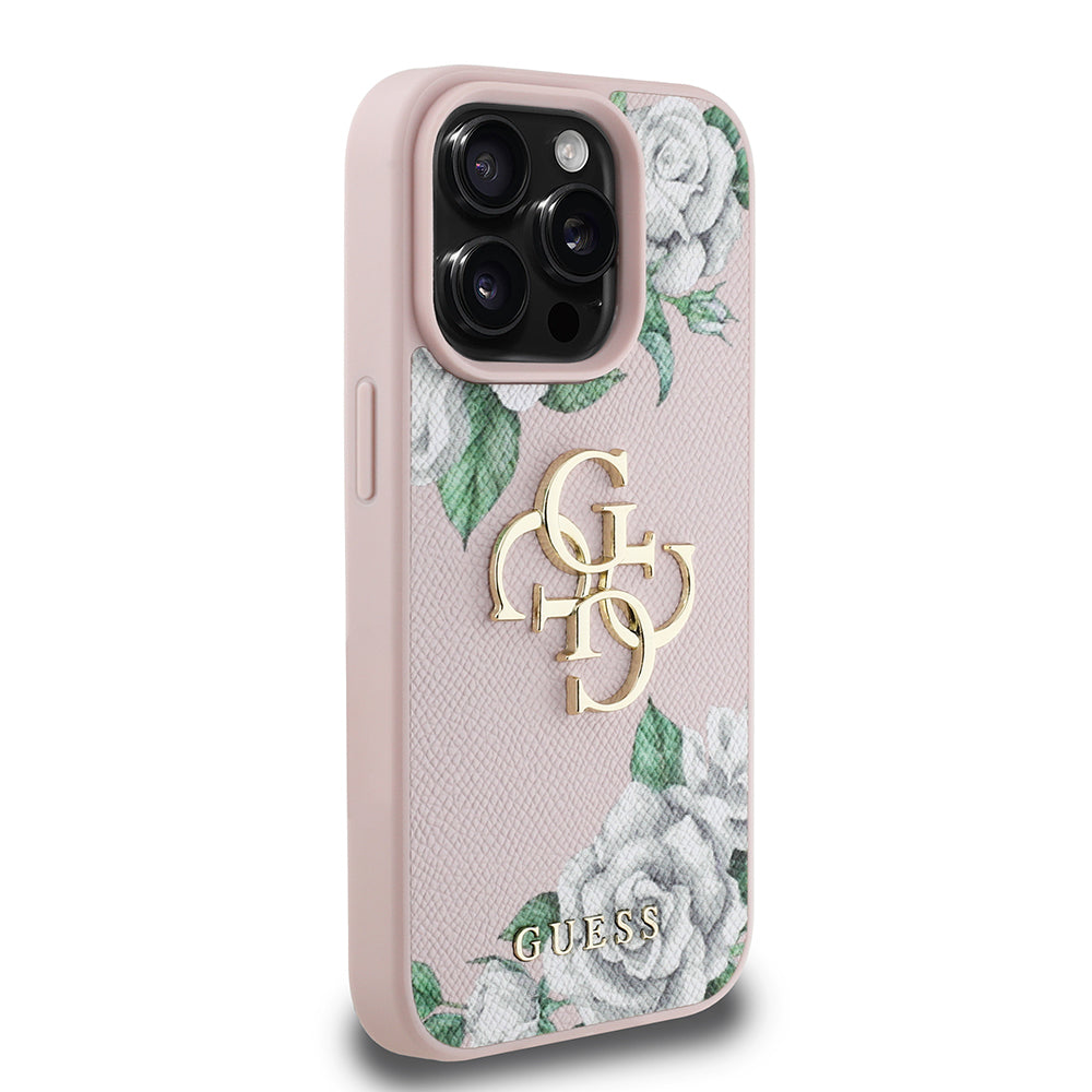 iPhone 15 Pro Max Kılıf Guess Orjinal Lisanslı Gül Baskılı Büyük Metal Logo Dizaynlı Kılıf