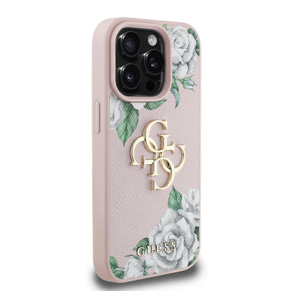 iPhone 15 Pro Max Kılıf Guess Orjinal Lisanslı Gül Baskılı Büyük Metal Logo Dizaynlı Kılıf