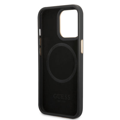 Apple iPhone 15 Pro Max Kılıf Guess Orjinal Lisanslı M-safe Şarj Özellikli 4G Desenli PU Metal Plaka Klasik Logolu Kapak Siyah