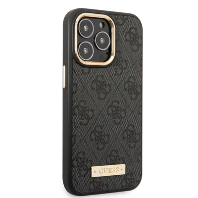 Apple iPhone 15 Pro Max Kılıf Guess Orjinal Lisanslı M-safe Şarj Özellikli 4G Desenli PU Metal Plaka Klasik Logolu Kapak Kahverengi