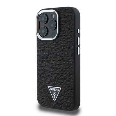 Apple iPhone 15 Pro Max Kılıf Guess Orjinal Lisanslı M-safe Şarj Özellikli Grained Triangle Kapak Siyah