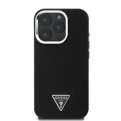 Apple iPhone 15 Pro Max Kılıf Guess Orjinal Lisanslı M-safe Şarj Özellikli Grained Triangle Kapak Kahverengi